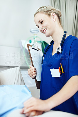 Buy stock photo Clipboard, nurse and comfort person in hospital bed for wellness check, medical support and healing. Health, worker and holding hands with patient in clinic ward for recovery, good news and checklist