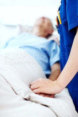 Buy stock photo Hands, nurse and support person in hospital bed for medical care, emotional comfort and recovery. Health, professional and wellness check on patient in clinic ward for healing, compassion and service
