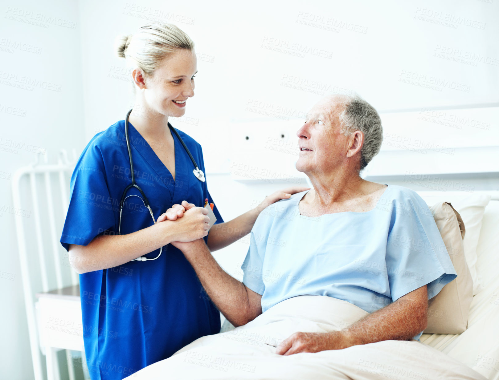 Buy stock photo Holding hands, smile and nurse with old man in hospital bed for medical advice, recovery progress and exam. Healthcare feedback, support and diagnosis review with senior person in clinic for update