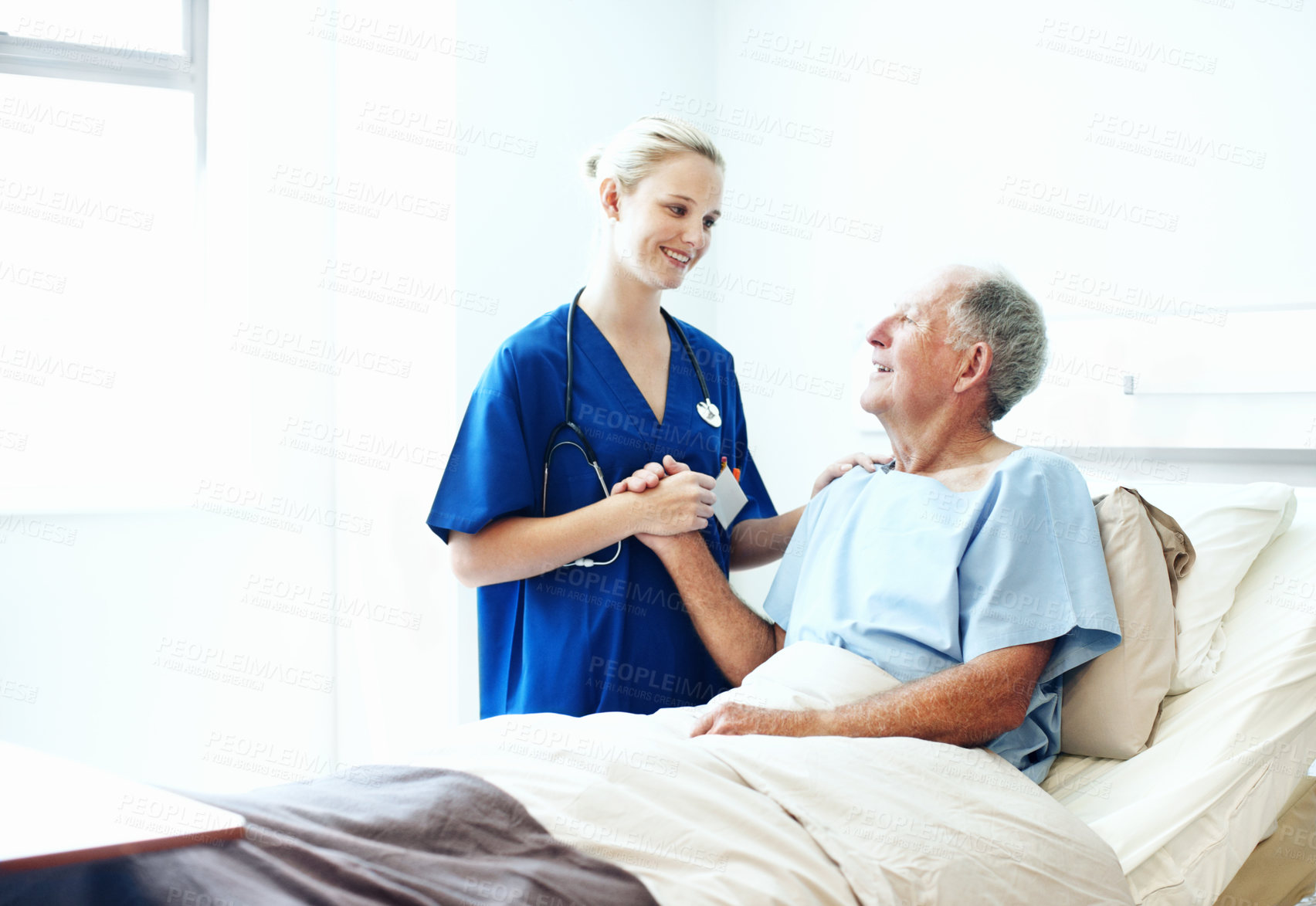 Buy stock photo Consulting, support and nurse with old man in hospital bed for medical advice, recovery progress and exam. Healthcare feedback, smile and diagnosis review with senior person in clinic for update