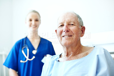 Buy stock photo Portrait, nurse and smile with old man in hospital bed for healthcare diagnosis, help and consulting. Medical recovery, rehabilitation and checkup with people in clinic for surgery procedure