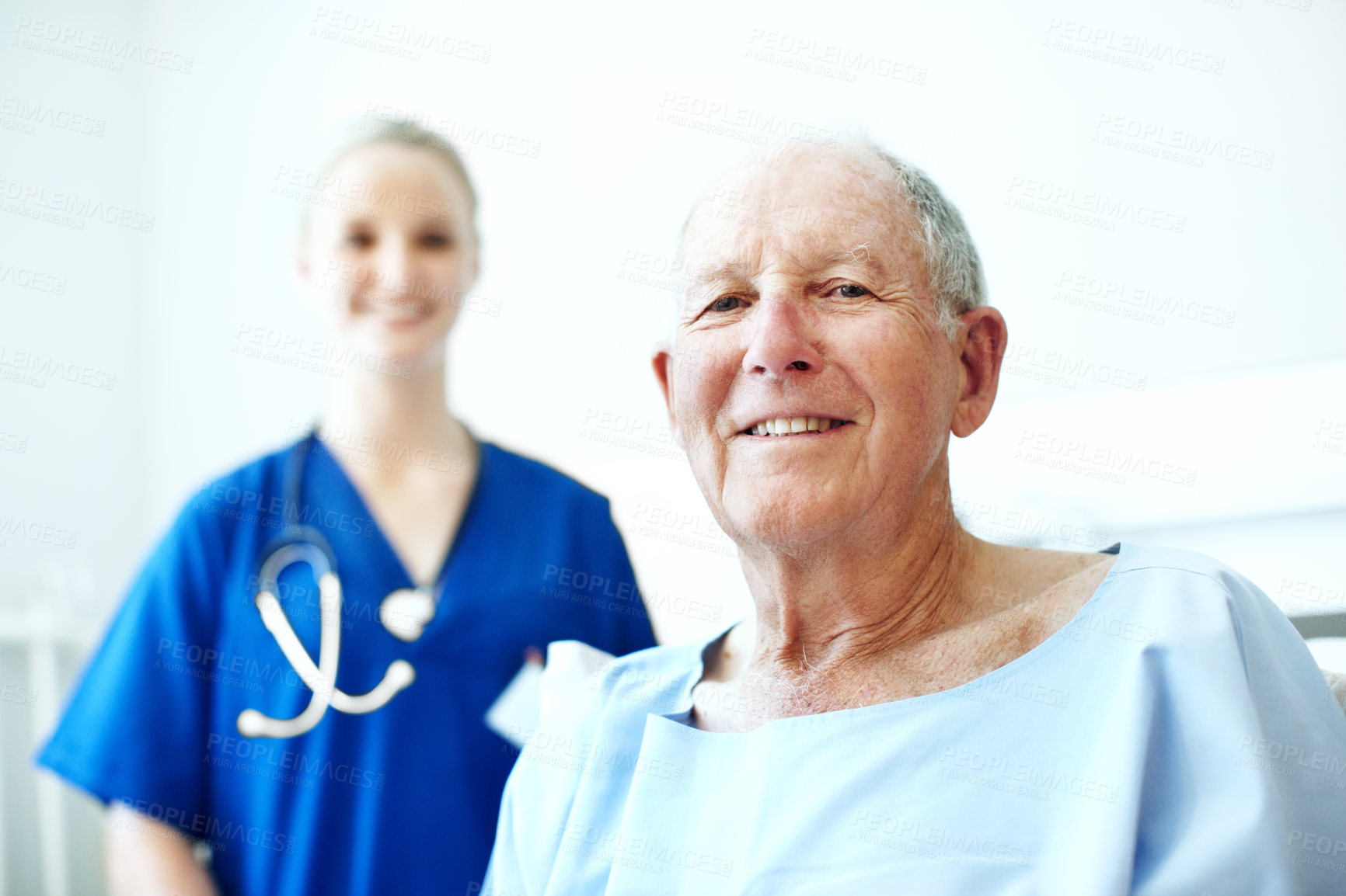 Buy stock photo Portrait, nurse and smile with old man in hospital bed for healthcare diagnosis, help and consulting. Medical recovery, rehabilitation and checkup with people in clinic for surgery procedure