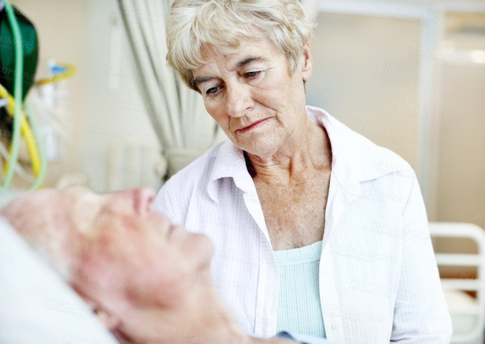 Buy stock photo Couple, old woman and sad for man in hospital bed with terminal illness, medical sedation and worry. Health, senior wife and stress for elderly patient in ICU for heart failure, diagnosis and support