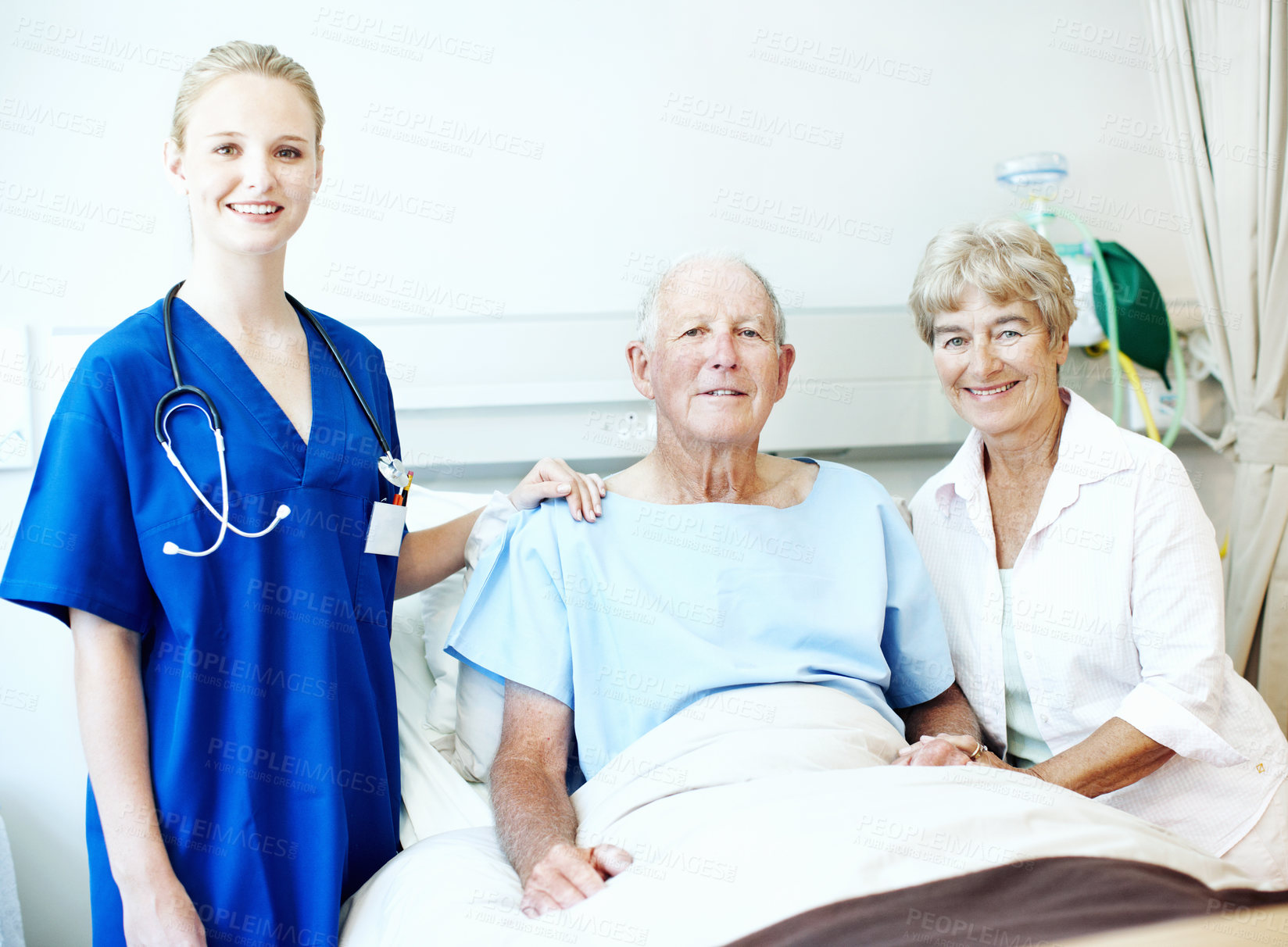 Buy stock photo Portrait, patient and nurse with old couple in hospital bed for medical advice, recovery progress and exam. Healthcare feedback, monitor vitals and diagnosis review with senior people in clinic