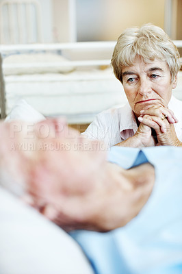Buy stock photo Support, sick and senior woman in hospital for recovery with empathy, love and commitment. Retirement, sleeping and elderly person with man for rehabilitation with comfort, care and bonding in clinic