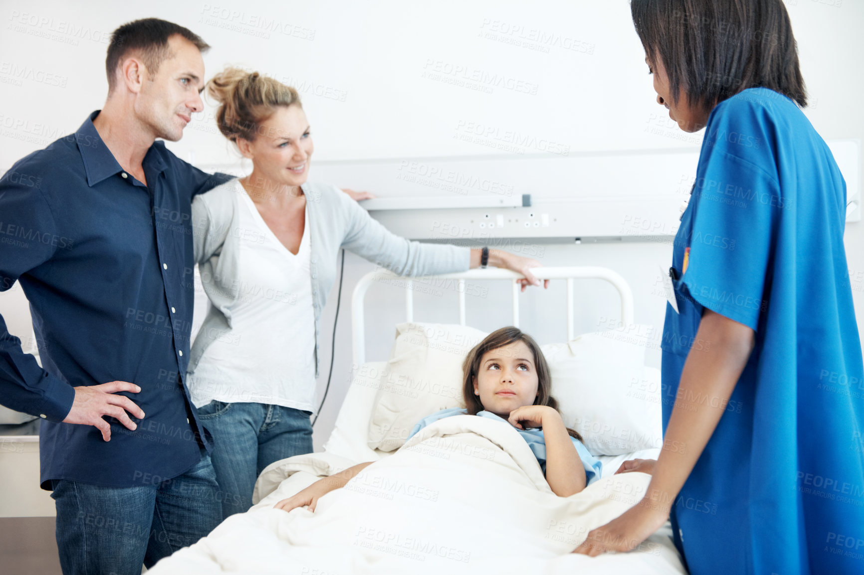 Buy stock photo Child, parents and hospital bed with nurse for recovery, immune system support and pediatrics. Girl, diagnosis facility and family in clinic for treatment, service or medical consulting or assessment