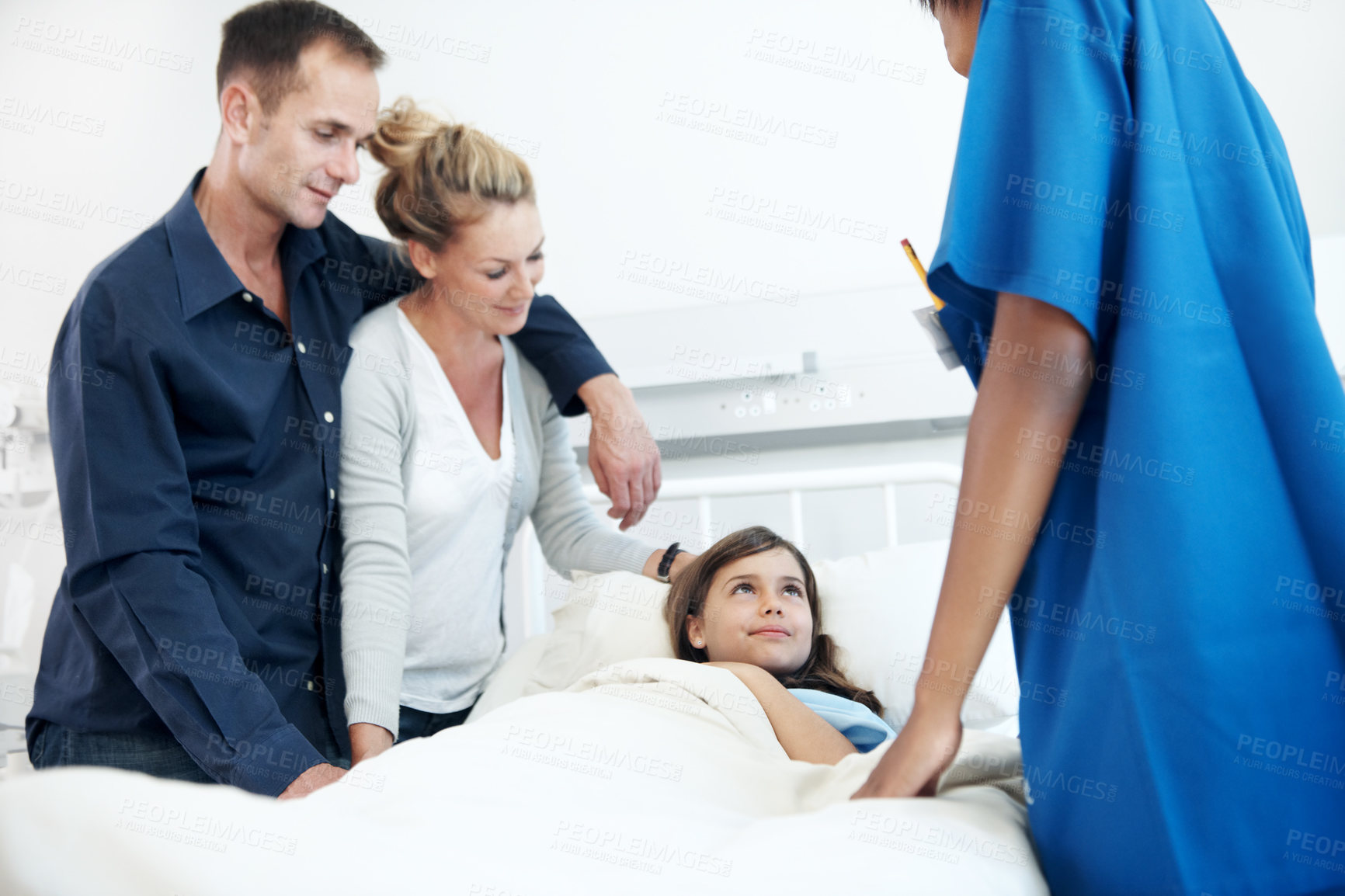 Buy stock photo Child, parents and hospital bed with nurse for support, immune system recovery or pediatrics. Girl, diagnosis facility and family in clinic for treatment, service and medical consulting or assessment