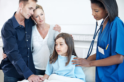 Buy stock photo Girl, parents and nurse with stethoscope in hospital for breathing, support or pediatrics. Child, lung inspection and family in clinic for treatment test, service and medical consulting or assessment