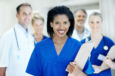 Buy stock photo Team, portrait and doctors with woman in hospital for healthcare, solidarity and consulting. Medical, nurses and about us with group of people in hallway of clinic for support and collaboration