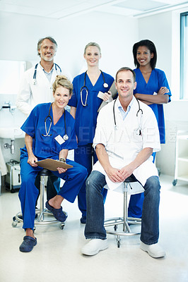 Buy stock photo Team, portrait and healthcare with doctors in hospital for meeting, solidarity and consulting. Medical, nurses and about us with group of people in hallway of clinic for support and collaboration