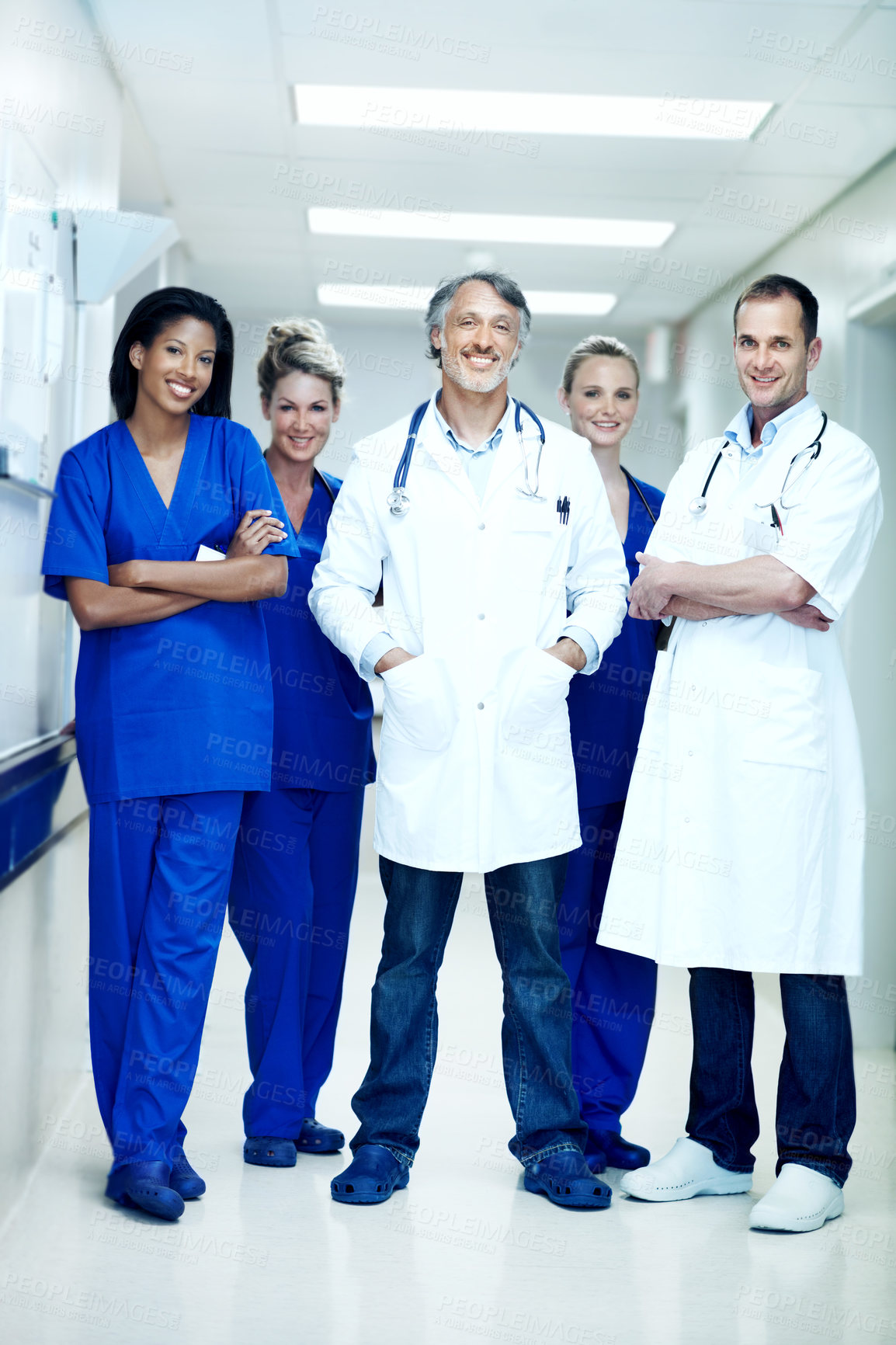 Buy stock photo Team, portrait and nurses with doctors in hospital for healthcare, solidarity and consulting. Medical, meeting and about us with group of people in hallway of clinic for support and collaboration