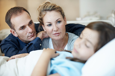 Buy stock photo Medical, parents or kid on hospital bed with worry, empathy or emotional support in surgery fear. Healthcare, sick child or family with concern, connection or diagnosis anxiety with patient procedure