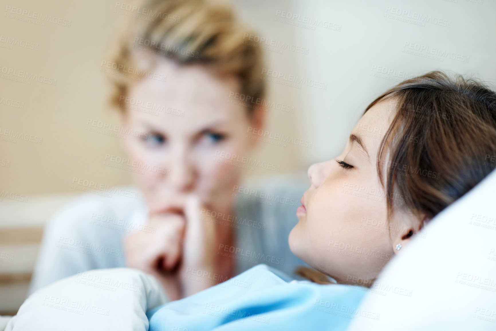 Buy stock photo Sick child, hospital bed and mother with care, sleeping and support for healing with healthcare. Illness, girl and parent in pediatric clinic for comfort, holding hands and hope for medical recovery