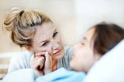Buy stock photo Worried, mother or girl on hospital bed with holding hands, empathy or family fear in medical surgery. Health, sick child or mom with support, parent concern or diagnosis anxiety in patient procedure