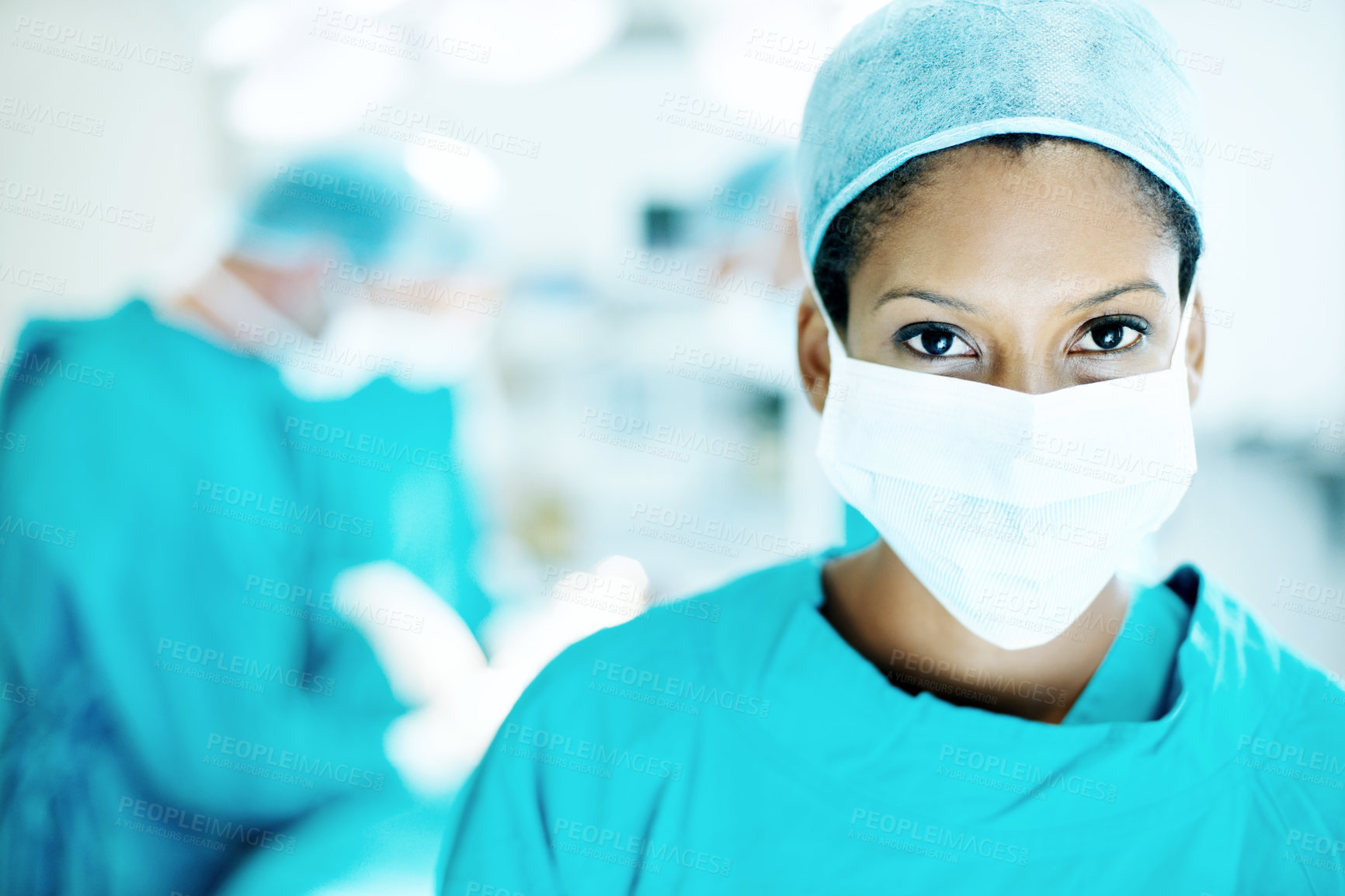 Buy stock photo Surgery, portrait and face mask with person in operating room for transplant emergency, help or rescue. Healthcare, accident or procedure with doctor in theater of clinic for organ graft and surgeon