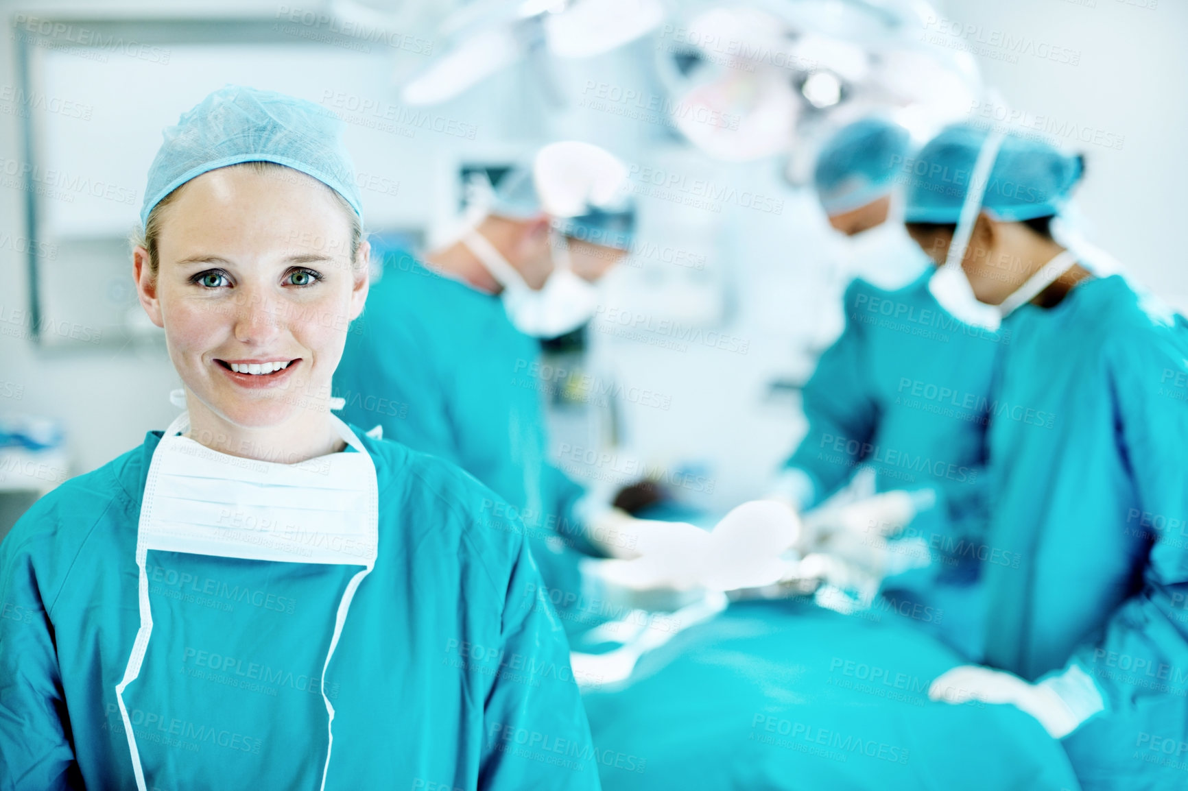 Buy stock photo Medical, surgery and portrait of woman in operating room in hospital for treatment, emergency or help. Collaboration, healthcare and surgeon or doctors in clinic for accident, operation and procedure