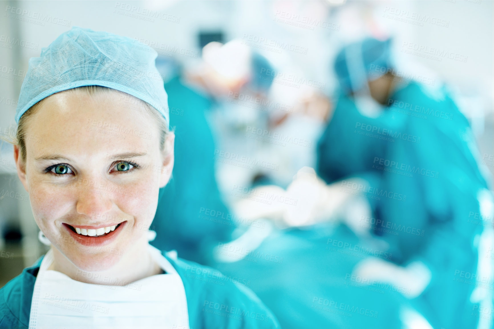 Buy stock photo Surgeon, health and woman with smile in theater for medical procedure, operation leader and trust. Safety, doctor portrait and happy with staff in OR for healthcare surgery, patient care or integrity