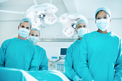 Buy stock photo Surgery, portrait and team with doctors in operating room for transplant emergency, help or rescue. Healthcare, accident or procedure with people in theater of clinic for organ graft and surgeon
