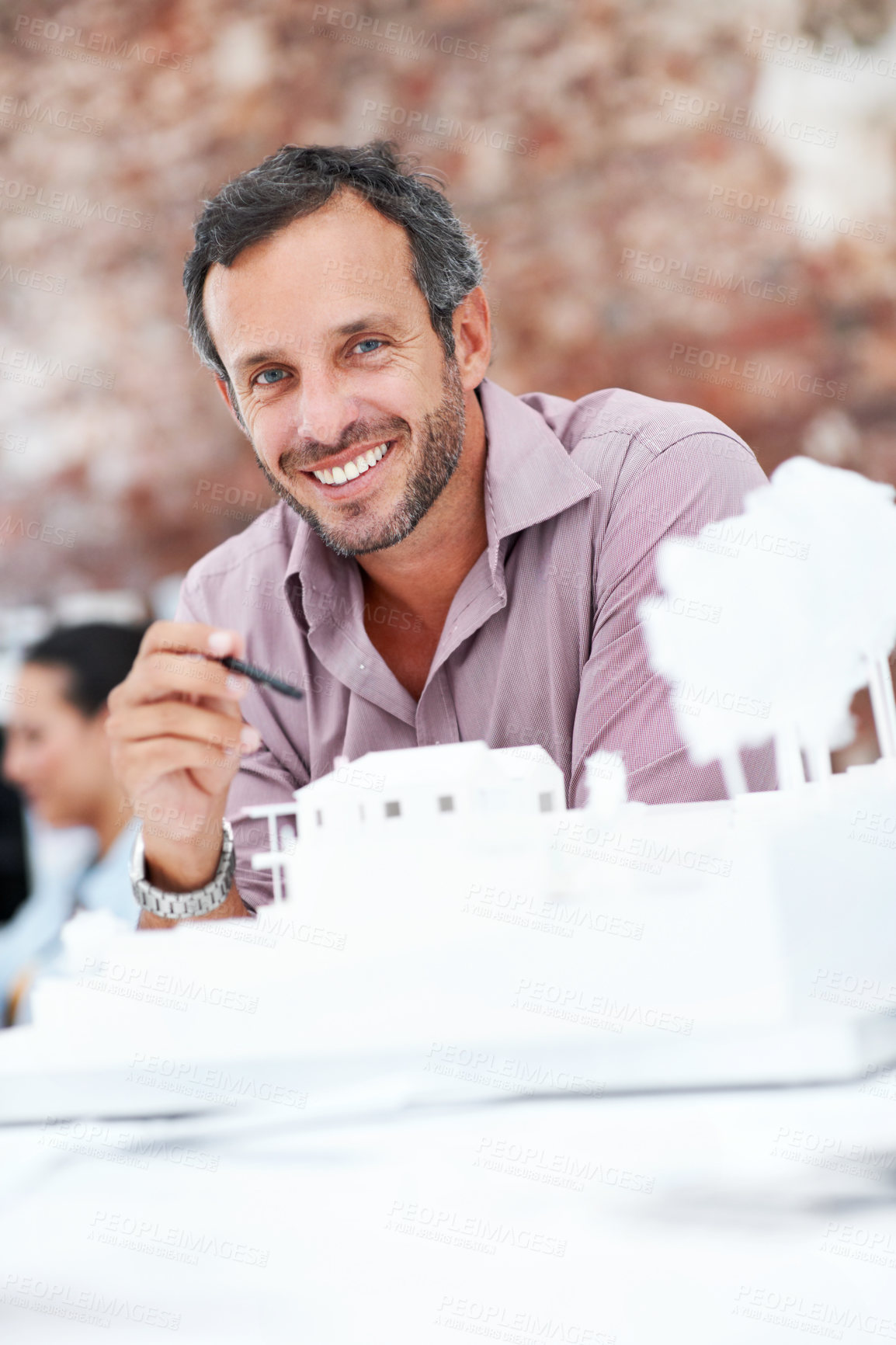 Buy stock photo Architecture, portrait and man in office with model, building design and structure for creative career. Happy, business and person with 3d layout for blueprint, prototype and project for construction