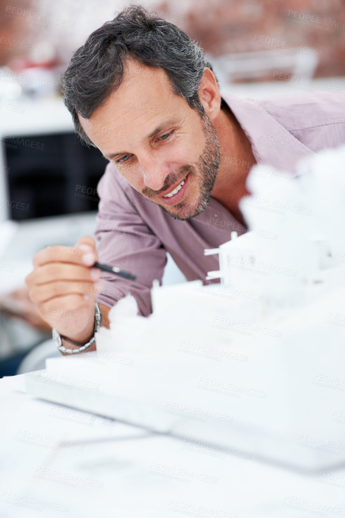Buy stock photo Architecture, inspection and man in office with structure, building design and model for planning. Creative, business and person with 3d layout for blueprint, prototype and project for construction