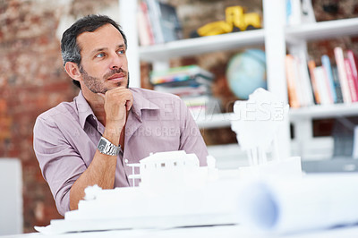Buy stock photo Architect, model and vision with business man in office for real estate, planning or prototype idea. Remodeling proposal, renovation or 3d project with mature employee thinking in agency for property