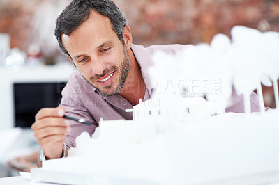 Buy stock photo Architecture, inspection and man in office with model, building design and structure for planning. Creative, business and person with 3d layout for blueprint, prototype and project for construction