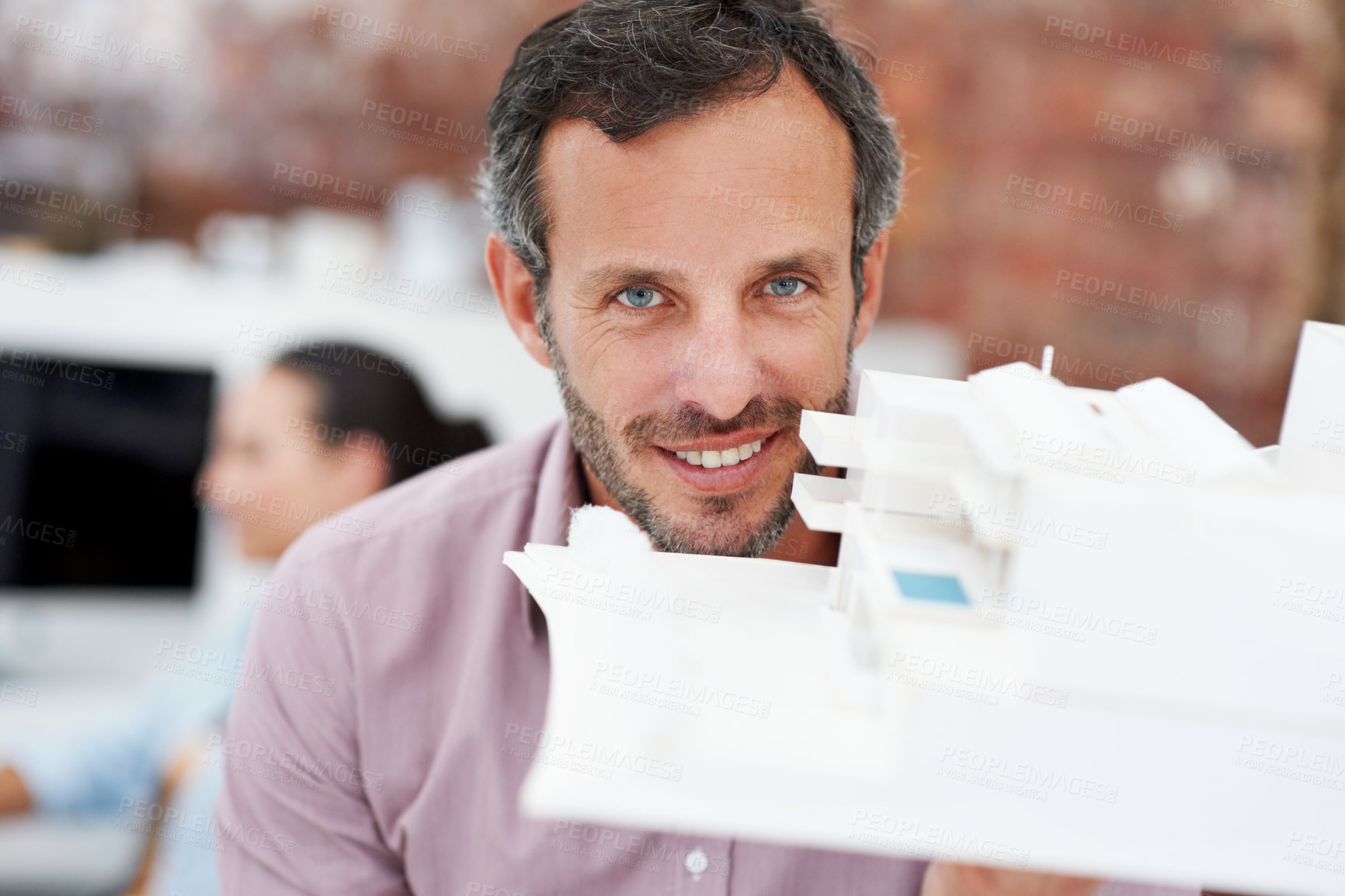 Buy stock photo Architecture, portrait and business man with model, building design and structure for construction. Creative, happy and mature person with inspection of 3d layout for blueprint, prototype and project