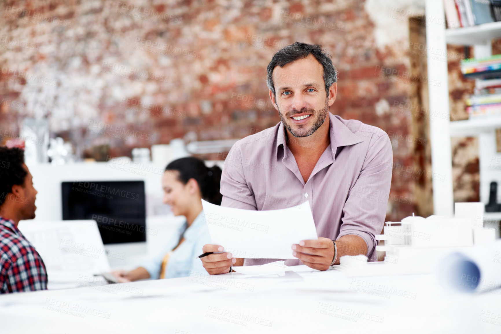Buy stock photo Architect, man and blueprint in office portrait for building design, spatial layout or career pride. Architecture staff, mature person or floor plan for property development, code compliance or smile