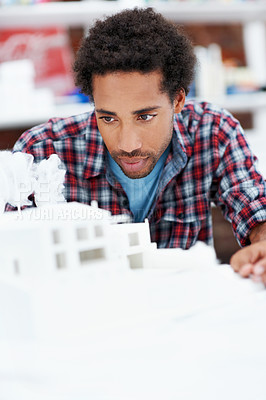 Buy stock photo Building, model and planning with business man in office for real estate, property or prototype idea. Remodeling proposal, architect and 3d project with employee in agency for expansion process