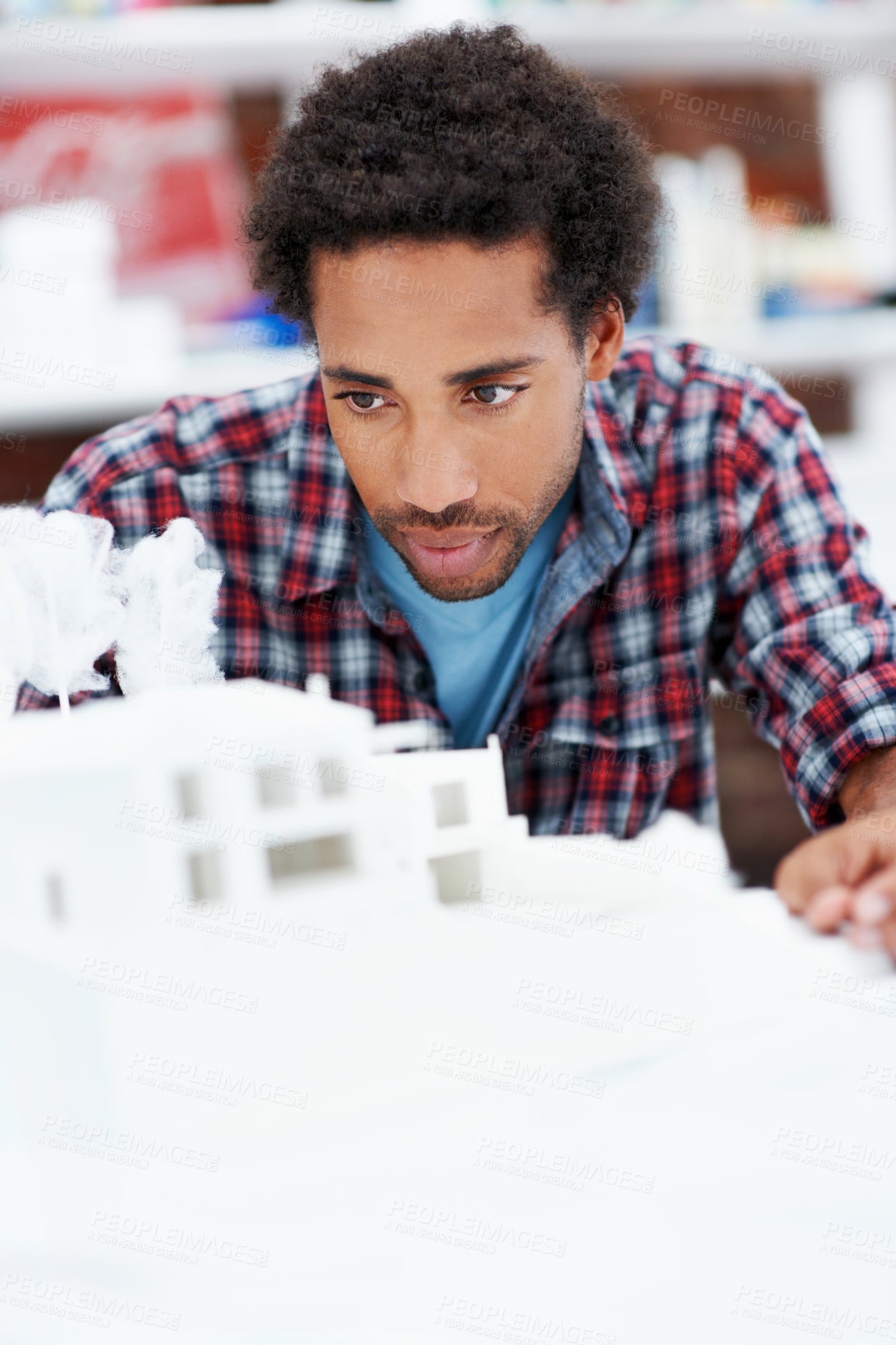 Buy stock photo Building, model and planning with business man in office for real estate, property or prototype idea. Remodeling proposal, architect and 3d project with employee in agency for expansion process