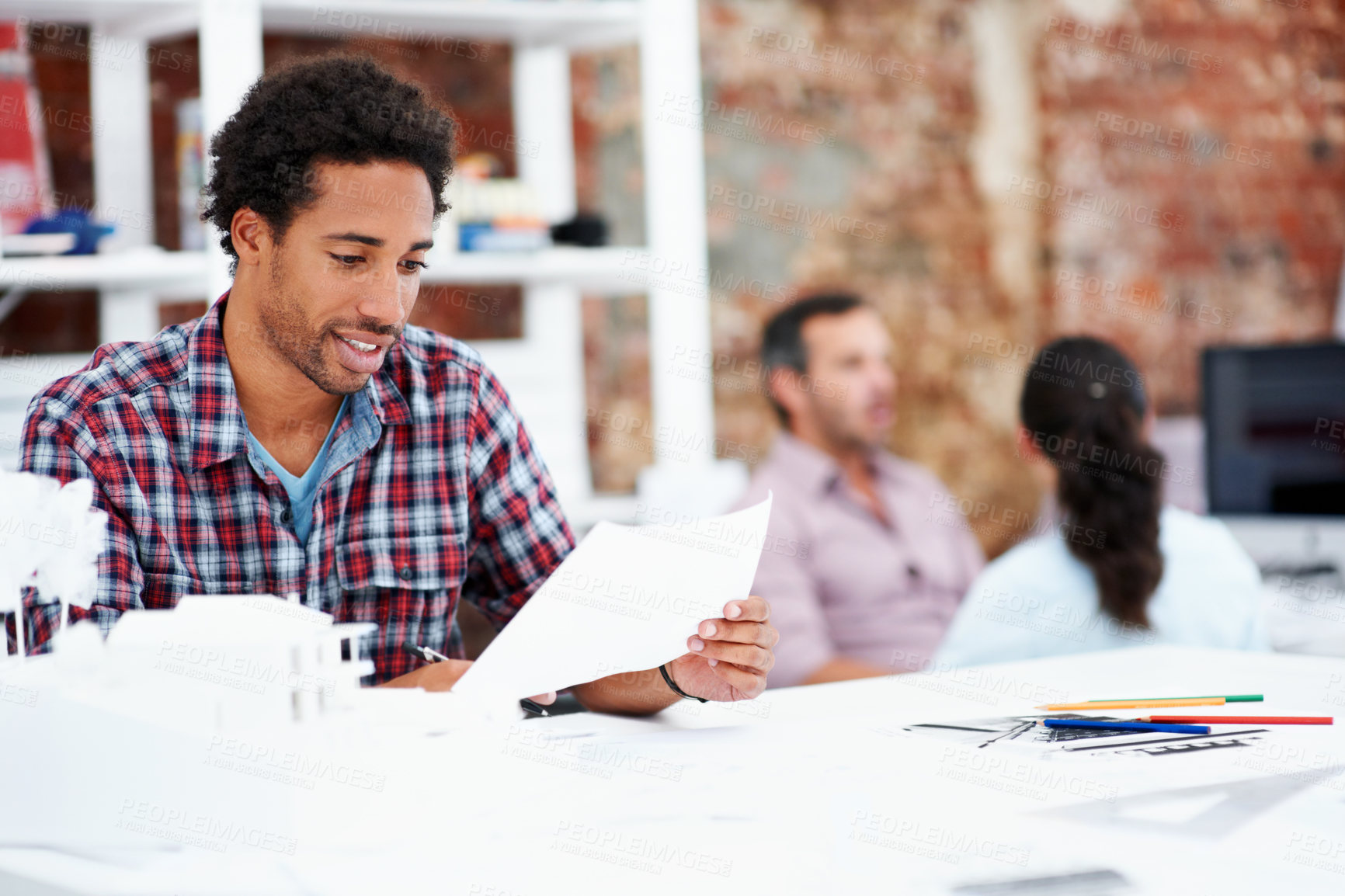 Buy stock photo Architect, man or blueprint document in office for building design, verify dimensions or layout. Architecture staff, employee or reading floor plan for urban development, project management or review