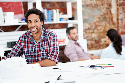 Buy stock photo Architect, model and portrait with business man in office for renovation, property or 3d prototype. Design review, remodeling proposal and building with employee in coworking agency for designer idea