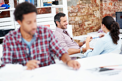 Buy stock photo Architect, team and planning with business people in office for renovation briefing, property and project. Blueprint review, remodeling proposal and layout with employees in agency for process
