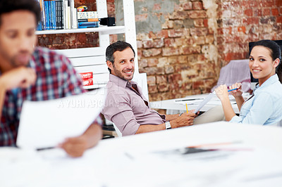 Buy stock photo Team, architect and portrait of business people in office for engineer feedback, about us and planning. Construction project, collaboration and proposal with employee in agency for property developer
