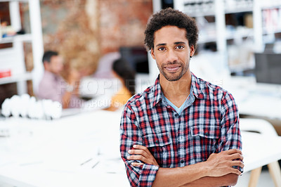 Buy stock photo Creative, man and smile with arms crossed in office for design internship, career growth or pride. Staff, architect intern or confident portrait at agency for job experience, professional or about us