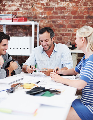 Buy stock photo People, team and conversation with paperwork in office meeting for design, explain or review at media company. Employee, group and decision with swatch, feedback and collaboration at creative agency