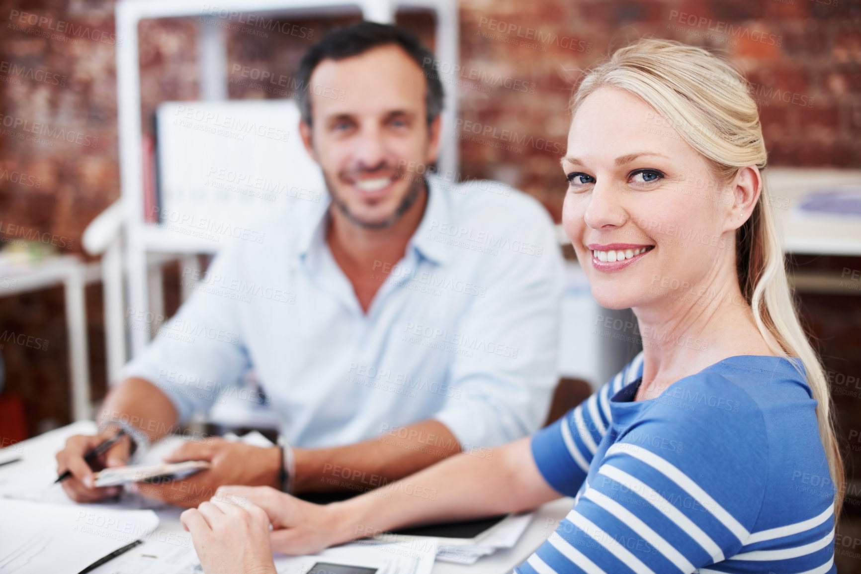 Buy stock photo Team, smile and portrait of business woman in office for interior design feedback, planning and about us. Architect meeting, client briefing and project management with employees in agency together