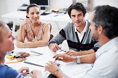 Buy stock photo Meeting, team and project with business people in office for interior design, planning and blueprint review. Decor, briefing, proposal feedback and brainstorming with employees in creative firm