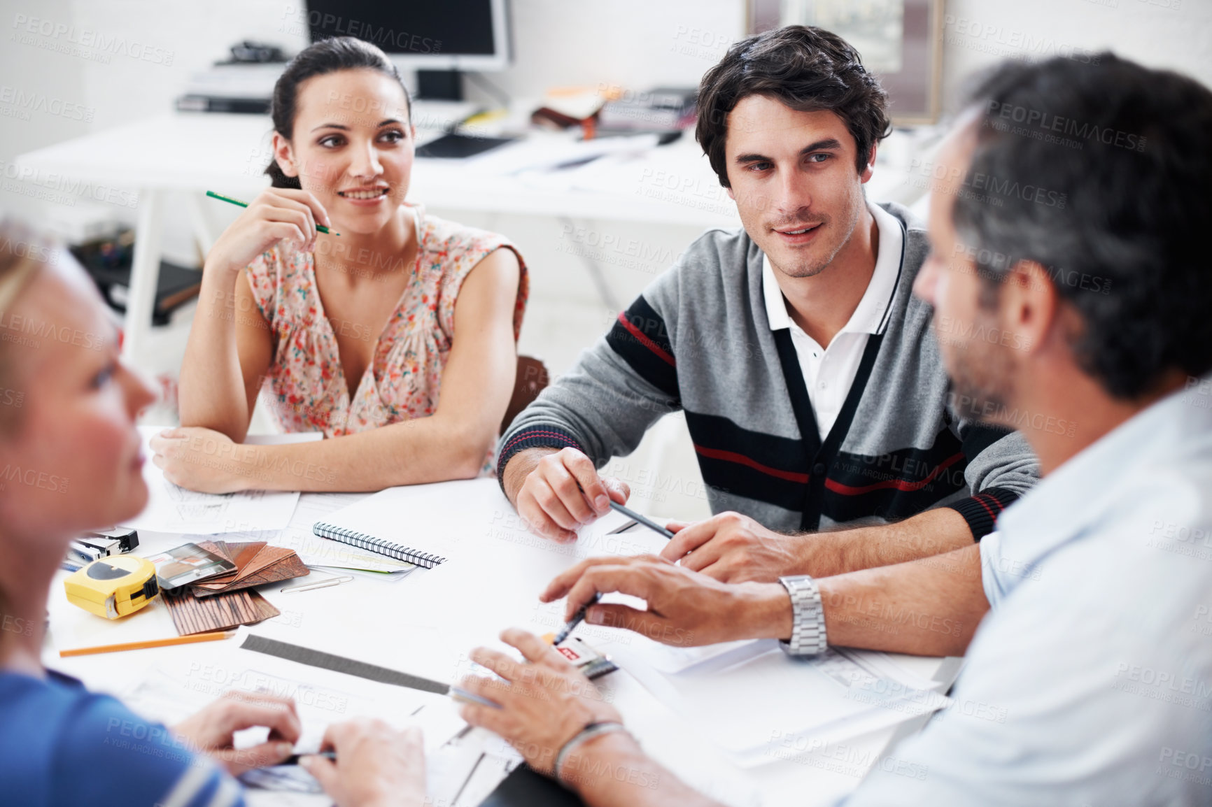 Buy stock photo Meeting, team and project with business people in office for interior design, planning and blueprint review. Decor, briefing, proposal feedback and brainstorming with employees in creative firm