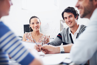 Buy stock photo Team, meeting and planning with business people in office for interior design feedback, discussion and idea. Architect, client briefing and project management with portrait of woman in agency