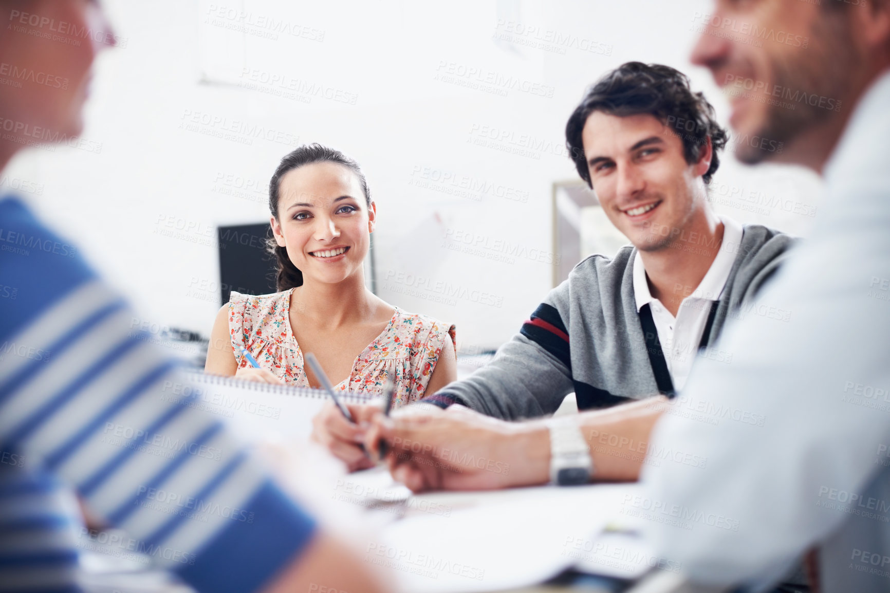 Buy stock photo Team, meeting and planning with business people in office for interior design feedback, discussion and idea. Architect, client briefing and project management with portrait of woman in agency