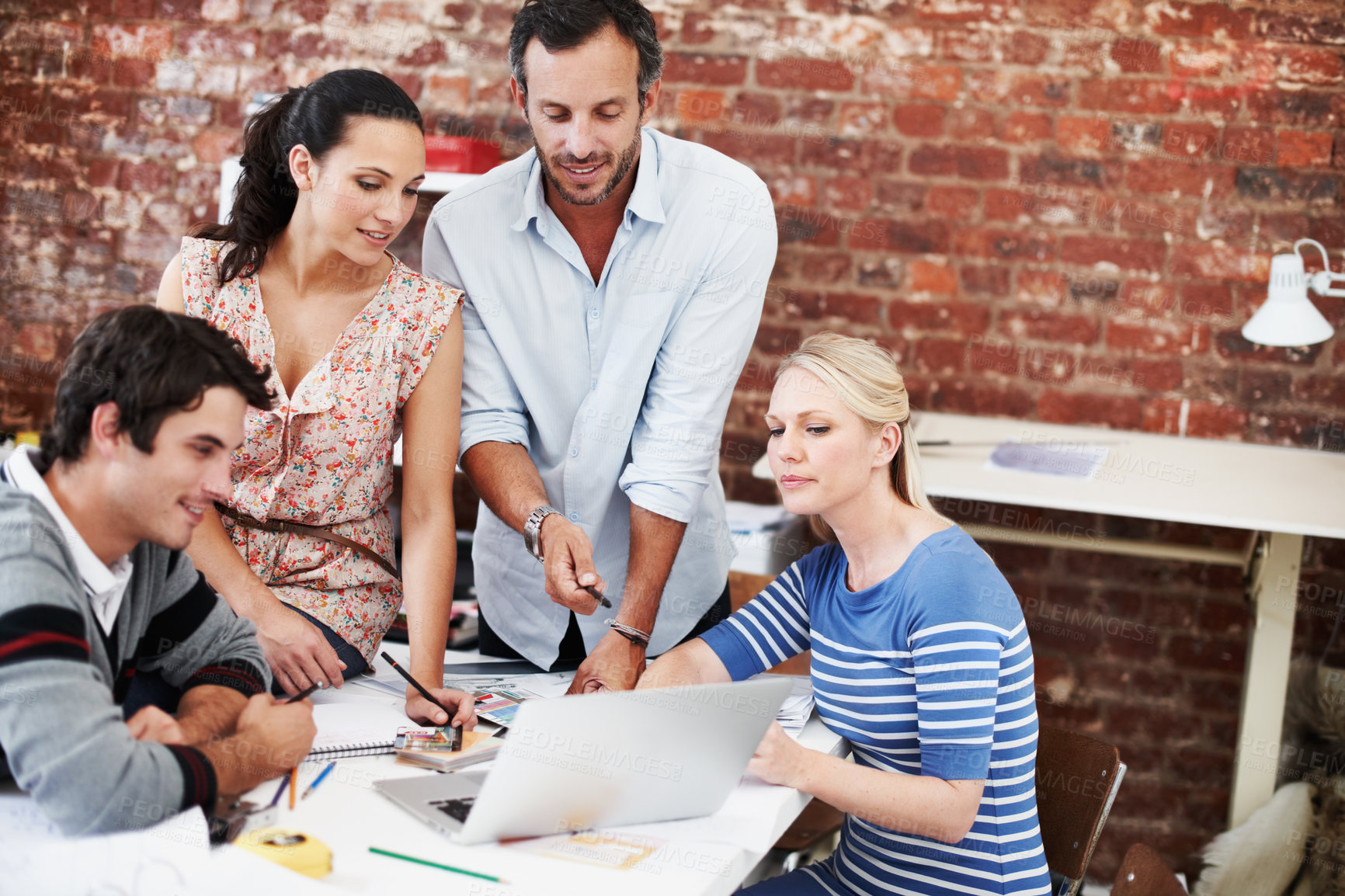 Buy stock photo Team, laptop and discussion with business people in office for planning, interior design pitch and feedback. Digital decor rendering, client briefing and meeting with employees in agency for research