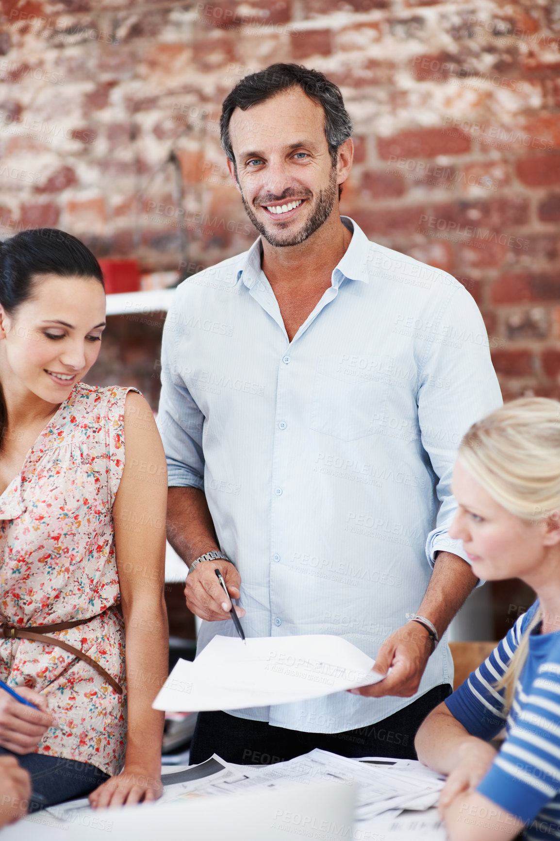 Buy stock photo Team, mentor and portrait of business people in office for interior design feedback, planning and about us. Architect meeting, manager briefing and project management with employees in agency
