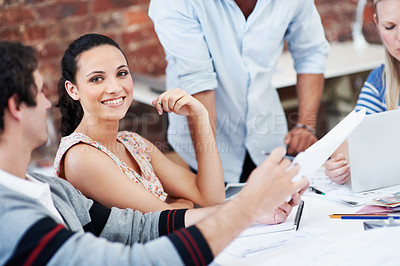 Buy stock photo Team, smile and portrait of business woman in office for interior design feedback, planning and about us. Architect meeting, designer briefing and project management with employees in agency