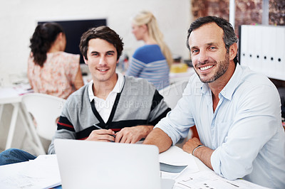 Buy stock photo Team, laptop and portrait with business people in office for planning, interior design pitch and about us. Digital decor rendering, client briefing and meeting with employees in agency for research