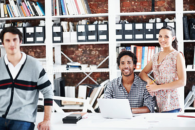 Buy stock photo Team, laptop and portrait of business people in office for architect, about us and community. Collaboration, designer solidarity and confidence with group of employees in agency for career and growth