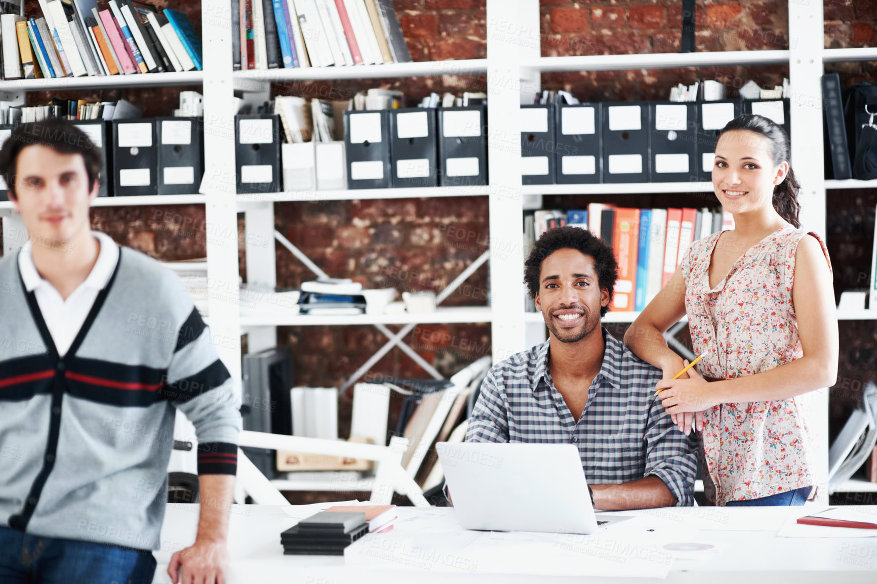 Buy stock photo Team, laptop and portrait of business people in office for architect, about us and community. Collaboration, designer solidarity and confidence with group of employees in agency for career and growth