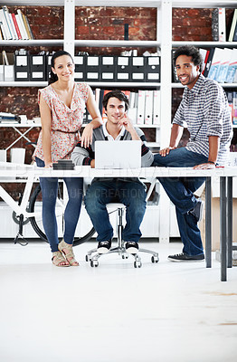 Buy stock photo Portrait, laptop and smile with business people in office for planning, interior design pitch and about us. Digital decor rendering, client briefing and meeting with employees in agency for research