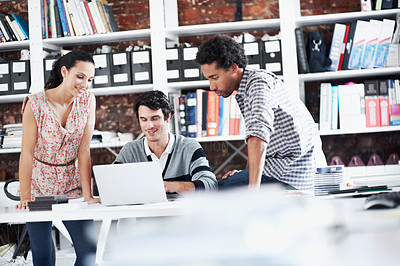 Buy stock photo Team, laptop and review with business people in office for planning, interior design pitch and feedback. Digital decor rendering, client briefing and meeting with employees in agency for research