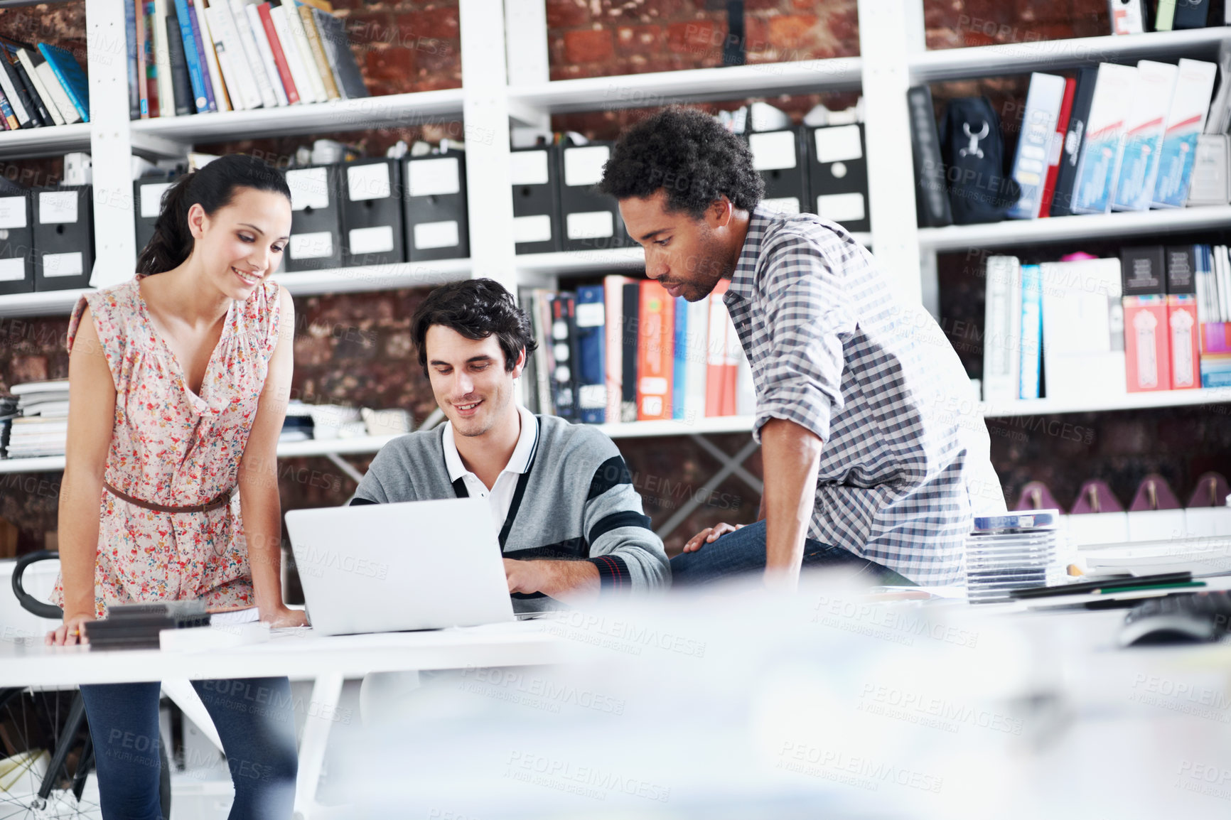 Buy stock photo Team, laptop and review with business people in office for planning, interior design pitch and feedback. Digital decor rendering, client briefing and meeting with employees in agency for research